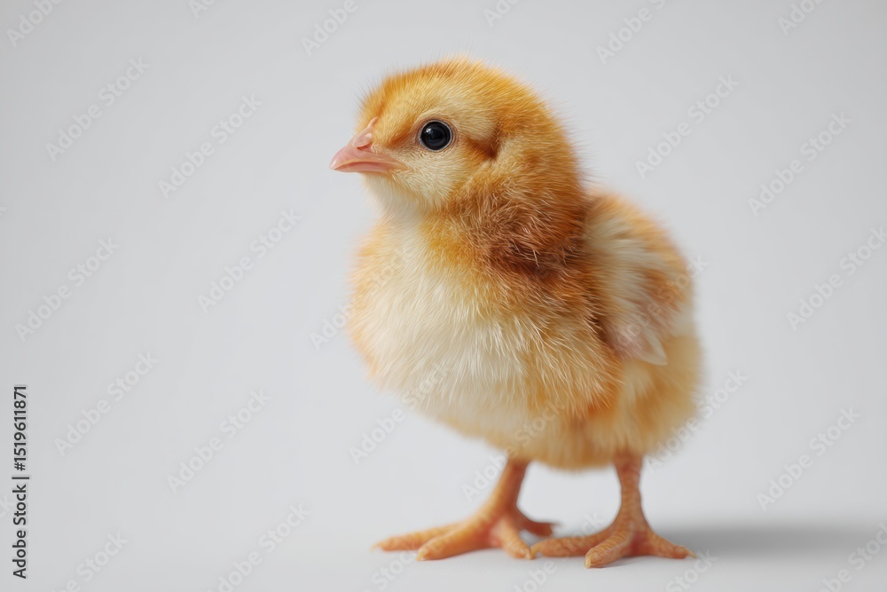 Baby chick gazes upward with hope in a soft, minimal white setting, capturing a moment of innocence and curiosity Baby chick gazes upward with hope in a soft, minimal white setting, capturing a moment of innocence and curiosity