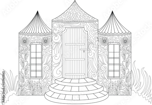 Fantasy Building Coloring Page Line Art, Black and white line art illustration of a whimsical fantasy building. Features a large ornate door with intricate patterns, curved steps, and turrets with 