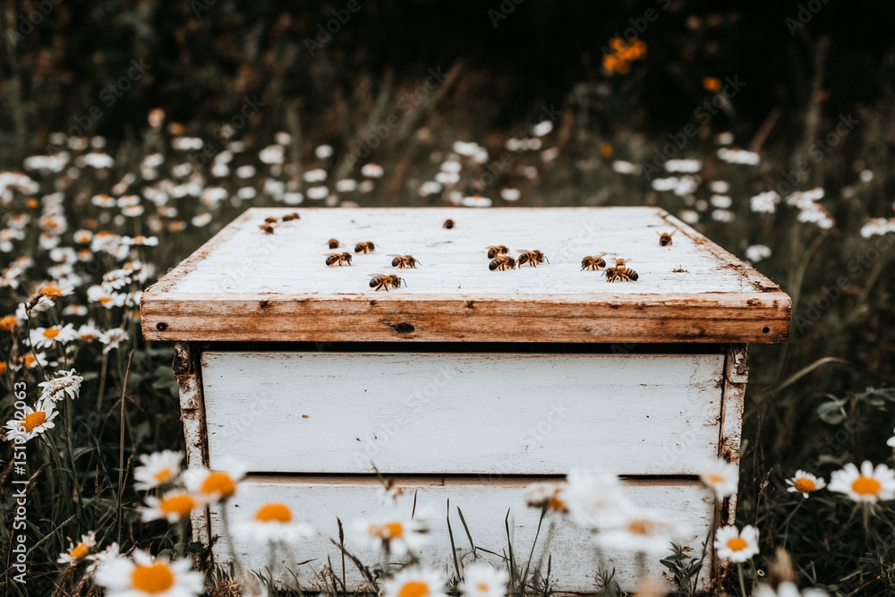 Hive nestled among vibrant flowers in a peaceful field Hive nestled among vibrant flowers in a peaceful field