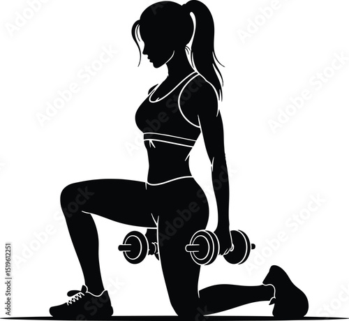 Athletic woman performing lunge exercise with dumbbells in a fitness workout silhouette