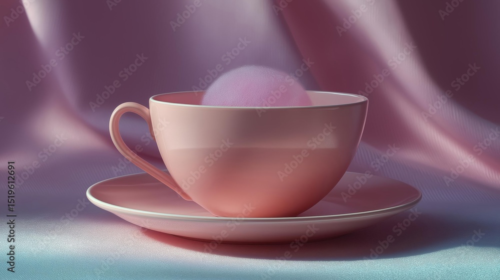 Fototapeta premium Digital illustration of a pink teacup and saucer on a light blue background. the cup is empty and has a handle on the left side. the saucer is also pink and is placed on the right side of the image.