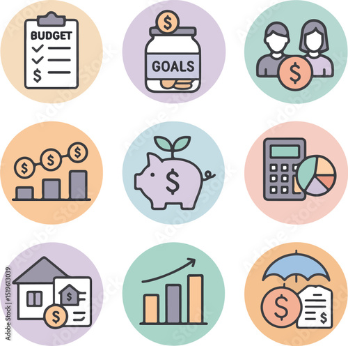 Nine financial planning icons in pastel colors arranged in a 3x3 grid