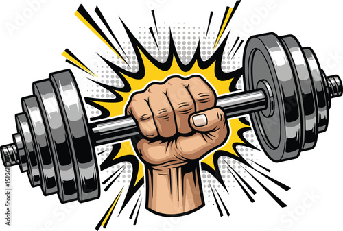 Graphic illustration of a muscular hand gripping a dumbbell with comic book style effects