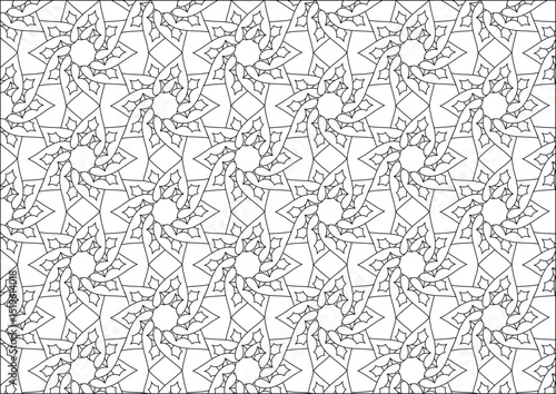 Abstract Geometric Seamless Pattern Outline, A seamless, repeating pattern featuring intricate geometric shapes and flowing lines in a clean black and white outline style. Ideal for backgrounds, 