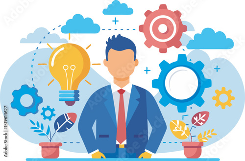 System Development Efficiency Automation and Innovation Businessman Cogwheel Turning for Lightbulb Idea Creation