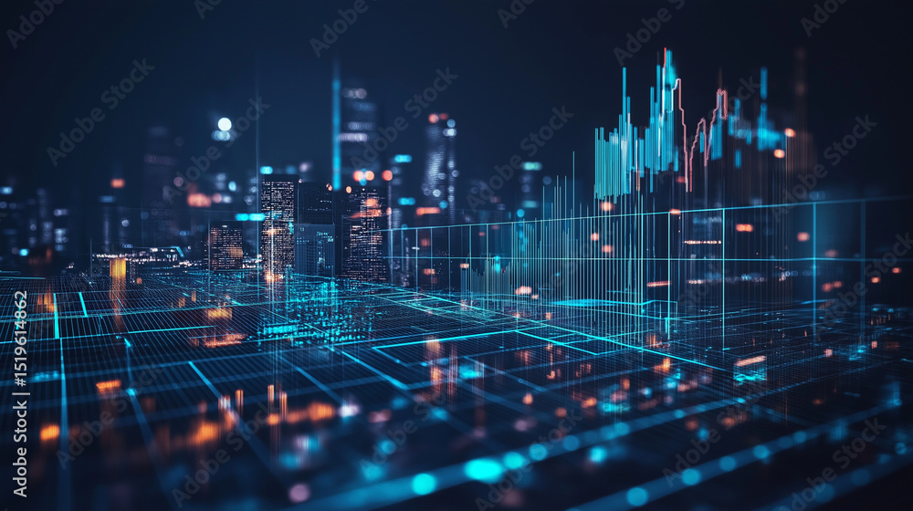 Futuristic digital cityscape with glowing lines and data visualization depicting financial growth Futuristic digital cityscape with glowing lines and data visualization depicting financial growth