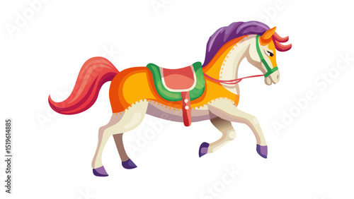 Colorful cartoon horse with vibrant mane and saddle galloping in a playful and cheerful style