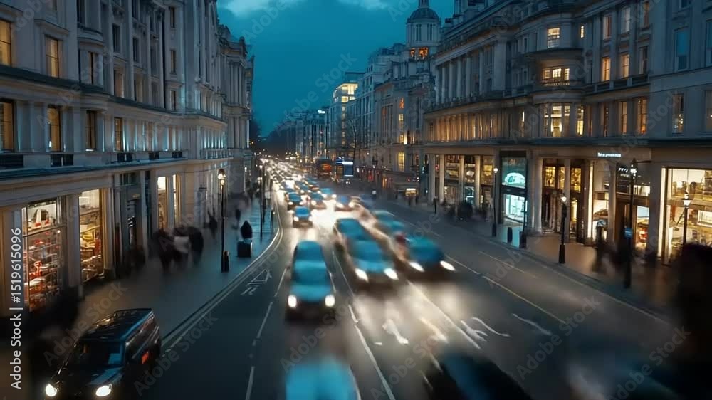 Evening cityscape showing bustling traffic and illuminated storefronts on a busy urban street Evening cityscape showing bustling traffic and illuminated storefronts on a busy urban street