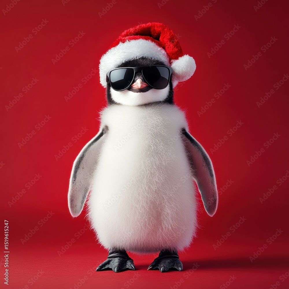 Fototapeta premium Penguin chick sporting a Santa hat and sunglasses poses confidently against a vibrant red backdrop, embodying holiday spirit and style