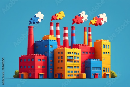 Colorful Factory Building Shaped Like a Giant Toy Block Set with Interlocking Design Elements