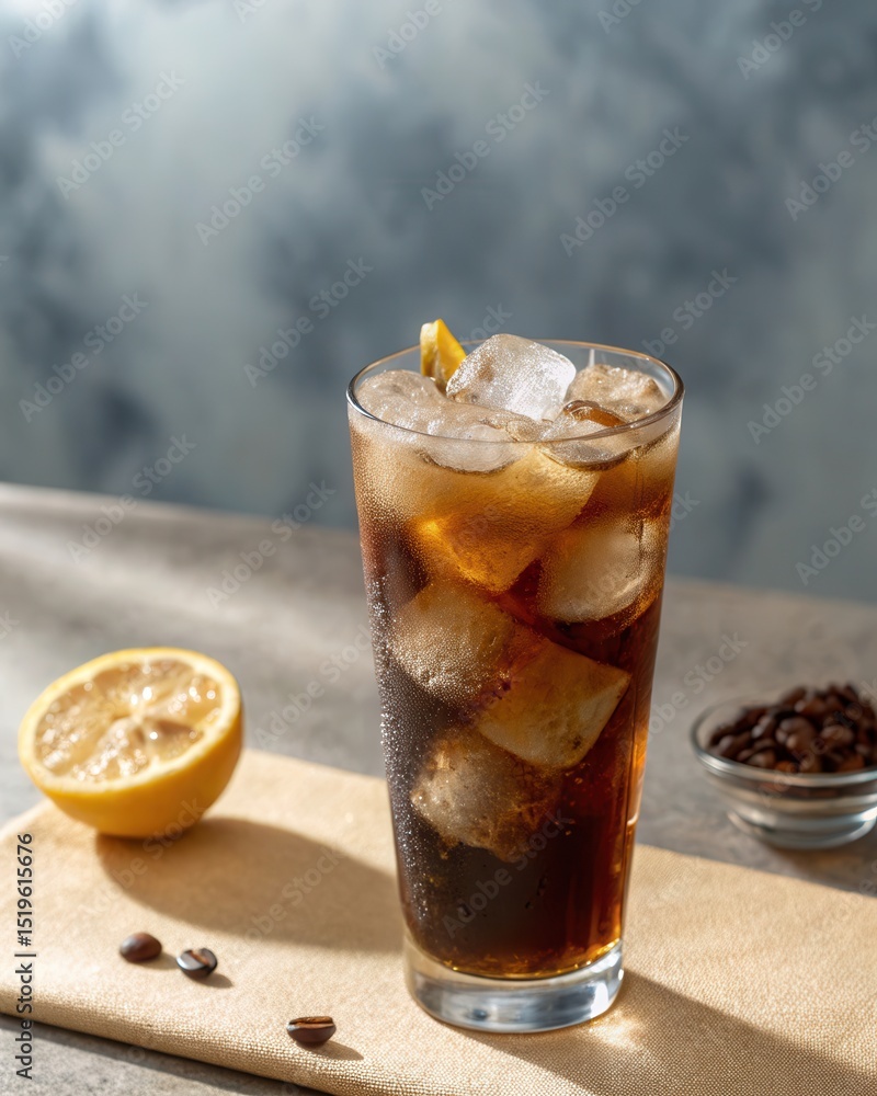 A tall glass of iced coffee with lemon, surrounded by coffee beans and a lemon half on a table. A tall glass of iced coffee with lemon, surrounded by coffee beans and a lemon half on a table.