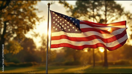 American Flag Waving Majestically in Golden Sunset Light