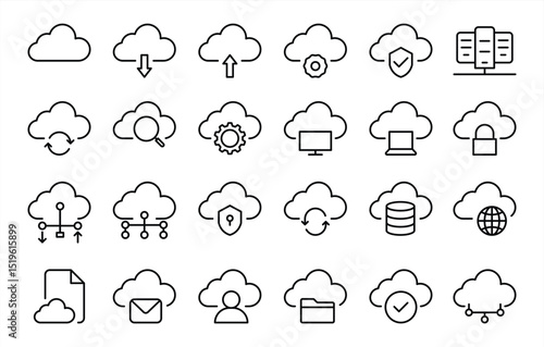 cloud computing icon set. containing cloud storage, networking, server, database, security, technology, data management solution thin line icon symbol sign for your app and web. vector illustration