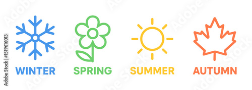 Bright, clean vector icons representing the four seasons: winter, spring, summer, and autumn. Suitable for calendars, weather apps, infographics, and seasonal content