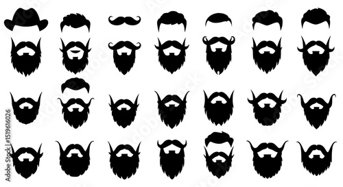 Collection of men s hairstyles and beard silhouettes isolated on transparent background