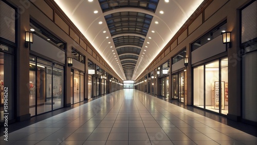 Wallpaper Mural A modern, empty shopping mall corridor with bright lights, glass storefronts, and a tiled floor, creating a symmetrical perspective. Torontodigital.ca