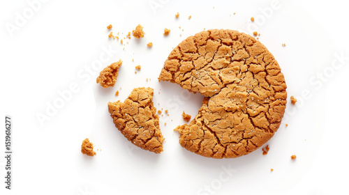 Single round ginger biscuit. Single round ginger biscuit with crumbs and bite missing, isolated on white from above
