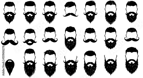 Collection of men s beard and mustache silhouettes isolated on transparent background