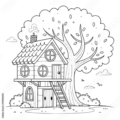 Charming tree house silhouette illustration isolated on transparent background Coloring Page. 