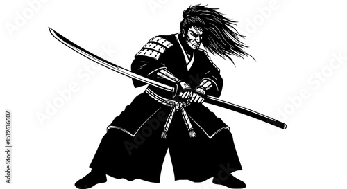Aggressive samurai warrior silhouette in full armor drawing isolated on transparent background