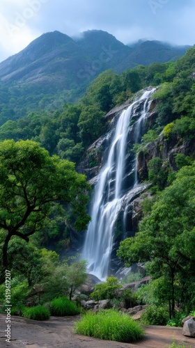 Majestic Waterfall in Lush Mountainous Landscape