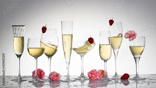 Set of wineglasses with splashing white wine, pink roses and strawberries, slow motion