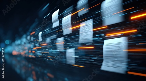 Abstract representation of documents flying through a digital information stream