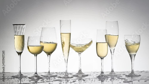 Set of wineglasses with splashing white wine slow motion