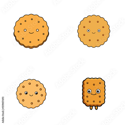 Four cartoon crackers with smiling faces arranged on a white background in a square pattern view