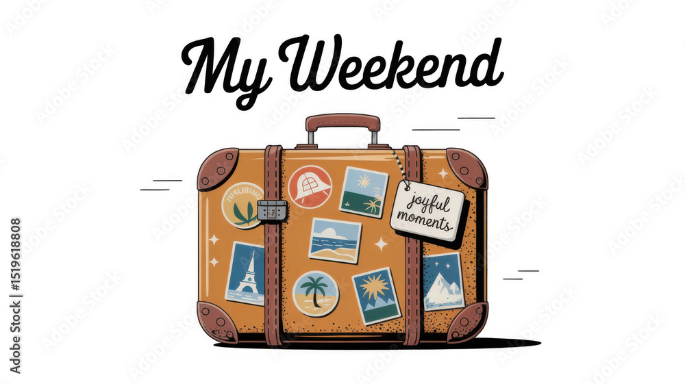 Naklejka premium Brown vintage suitcase adorned with travel stickers from various countries and a joyful moments tag, evoking nostalgia for past adventures and wanderlust on a transparent background