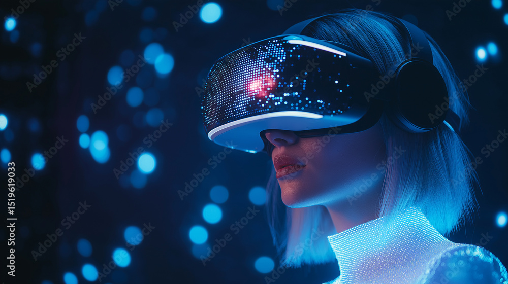 Stylish woman wearing virtual reality headset experiencing immersive metaverse environment Stylish woman wearing virtual reality headset experiencing immersive metaverse environment