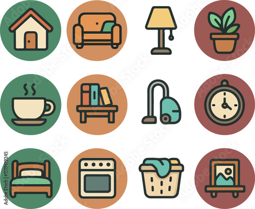 Flat design icons of household items and activities in a 3x4 grid