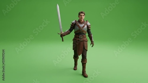 Medieval Knight Walking with Sword Green Screen 3D Animation