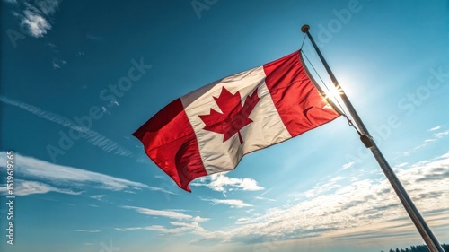 Canadian flag waving in a sunny sky