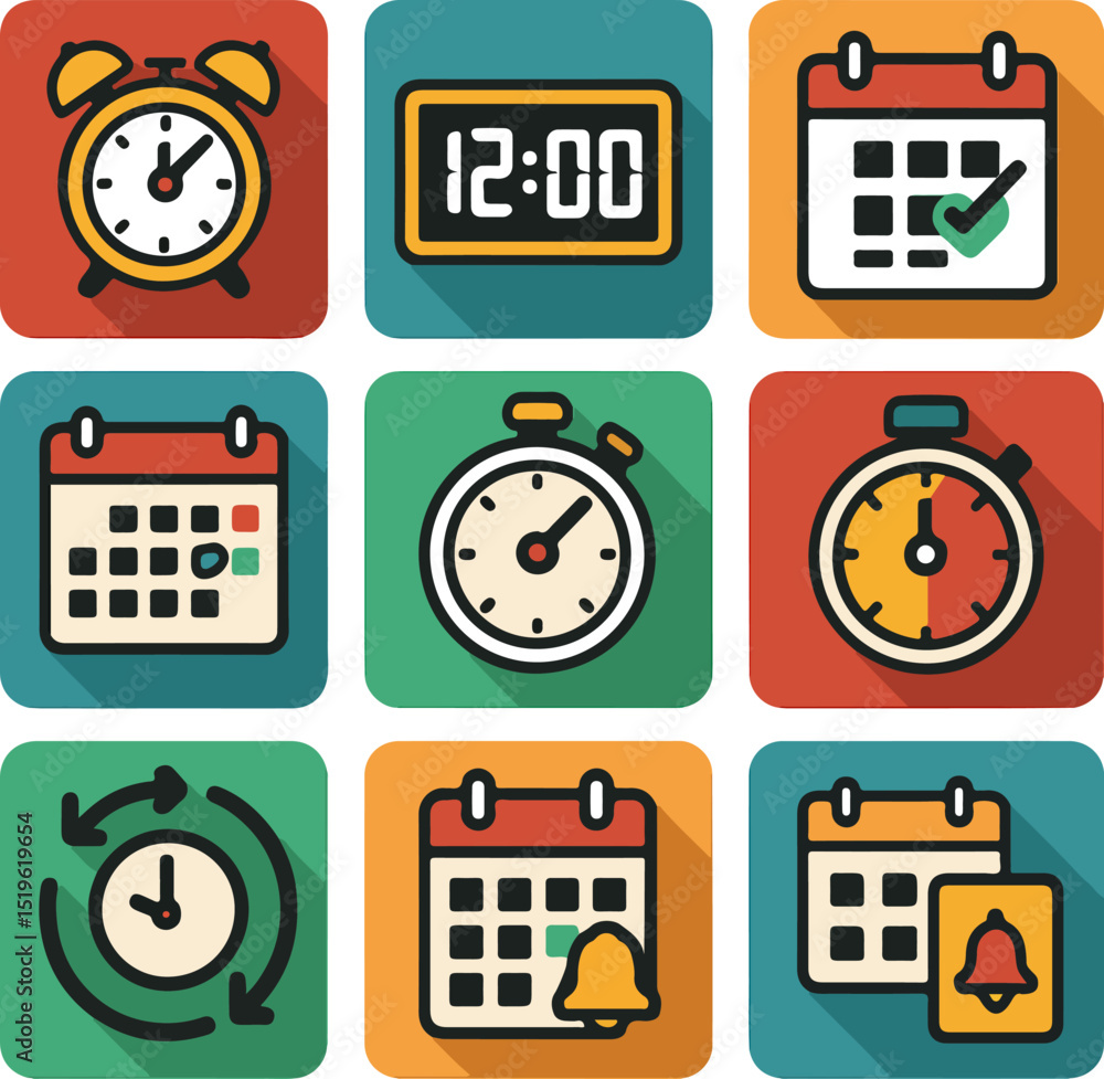 Nine square icons of timekeeping and scheduling tools in a 3x3 grid with solid-colored backgrounds Nine square icons of timekeeping and scheduling tools in a 3x3 grid with solid-colored backgrounds