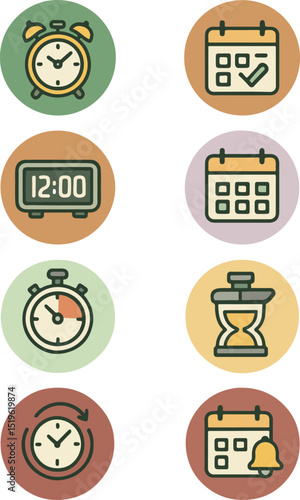 Eight circular icons representing timekeeping and scheduling on colored backgrounds