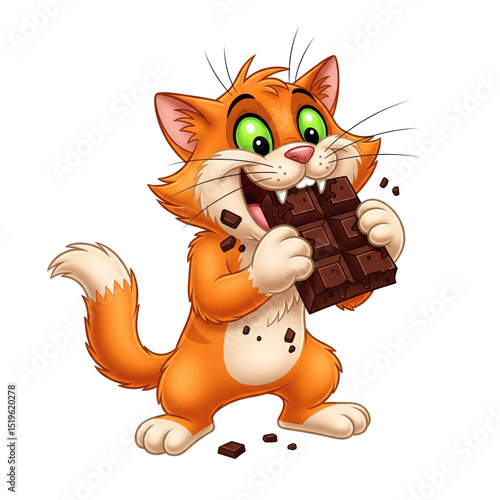 The cat is happily biting the chocolate.