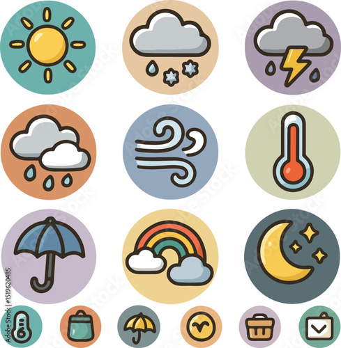Grid of twelve circular weather icons with additional travel-related icons