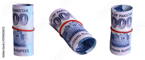 Rolled Pakistani 1000 Rupee Banknotes (PK) with Red Rubber Bands