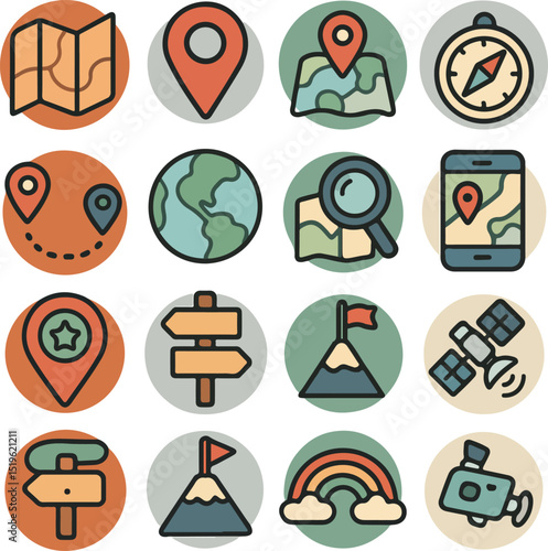 Sixteen travel and exploration icons in circular frames on a grid