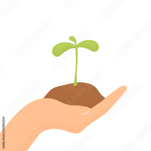 Young seedling in hand. The concept of nature conservation, caring for the environment, the need to plant plants. The beginning of the gardening season.