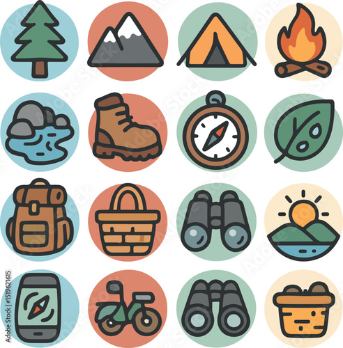 Sixteen outdoor activity and nature icons in circular frames on pastel background