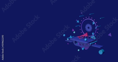 Pink trumpet symbol on a pedestal of abstract geometric shapes floating in the air. Abstract concept art with flying shapes on the right. 3d illustration on indigo background