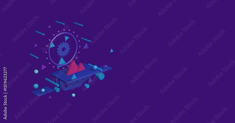 Naklejka premium Pink mountains symbol on a pedestal of abstract geometric shapes floating in the air. Abstract concept art with flying shapes on the left. 3d illustration on deep purple background