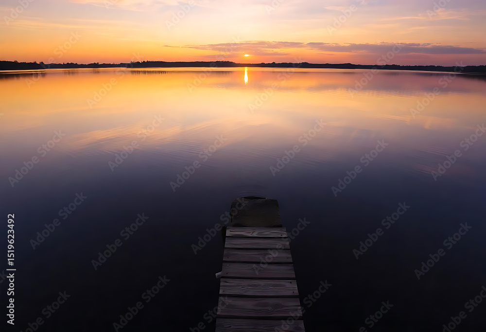 Fototapeta premium Tranquil lake scene featuring dock sunset sky and beautiful reflections in the water