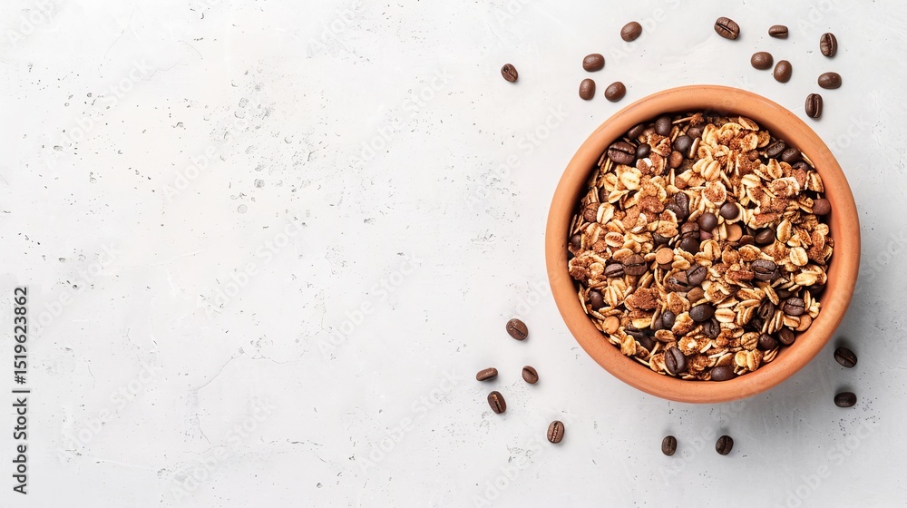 Delicious and healthy coffee granola in a terracotta bowl. Top view with copy space. Perfect for breakfast or snack. Delicious and healthy coffee granola in a terracotta bowl. Top view with copy space. Perfect for breakfast or snack.