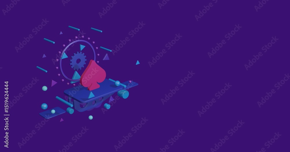Naklejka premium Pink spade on a pedestal of abstract geometric shapes floating in the air. Abstract concept art with flying shapes on the left. 3d illustration on deep purple background