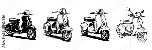 set of vintage motor scooter vector illustrations, urban transportation and retro vehicle 
