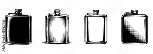 set of vintage metal hip flask and drink container vector illustrations, personal beverage portability

