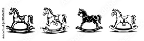 set of vintage rocking horse vector illustrations, childhood toy and nostalgic play
